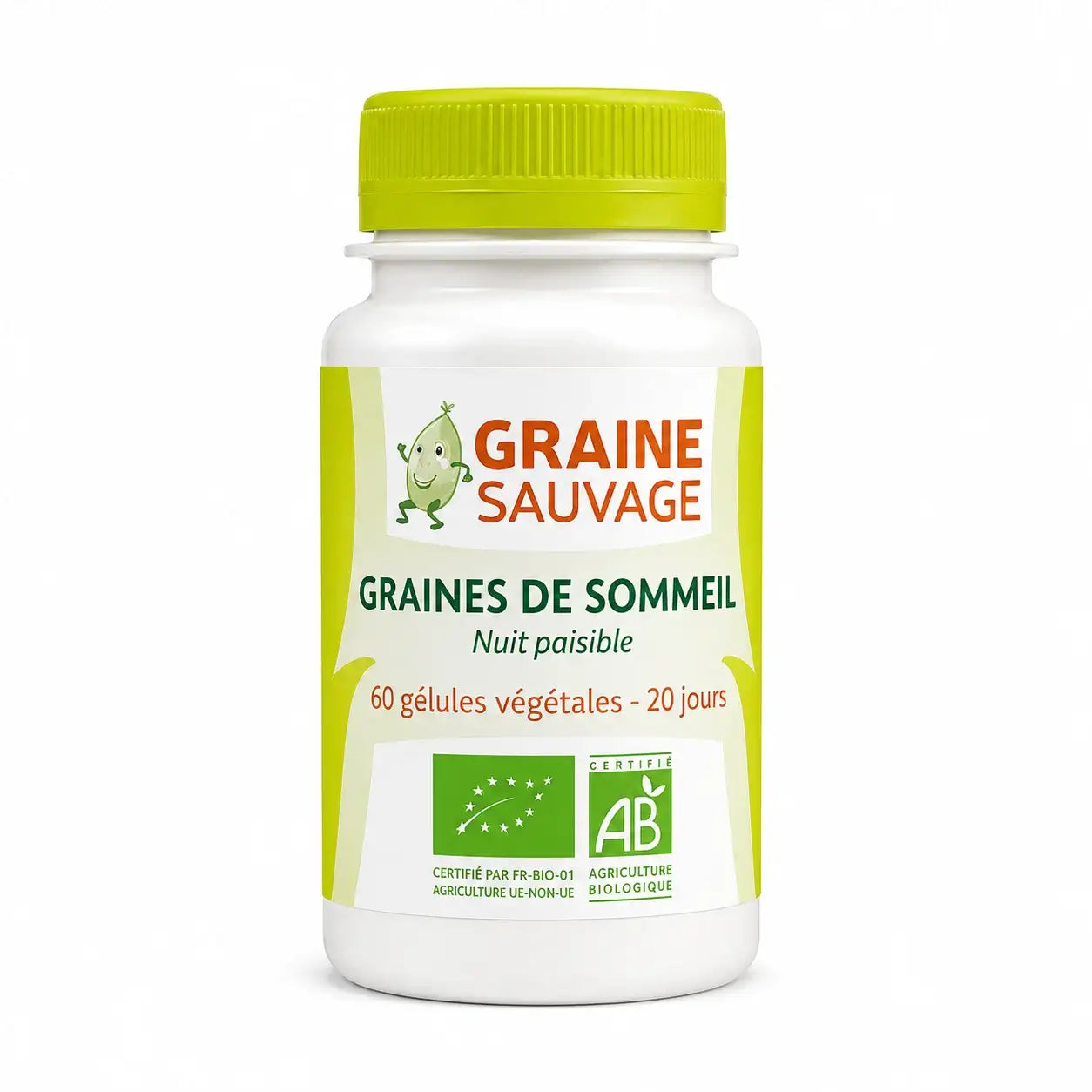 Bouteille de gélules Graines de Sommeil bio vegan avec certification certifiée, sur fond blanc