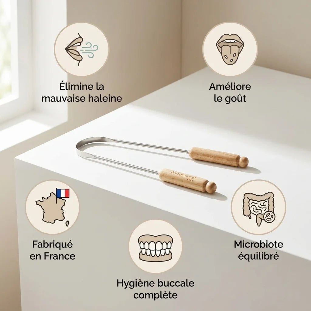 Gratte-langue réutilisable Ayurvana bois inox avec bénéfices : haleine, goût, microbiote buccal