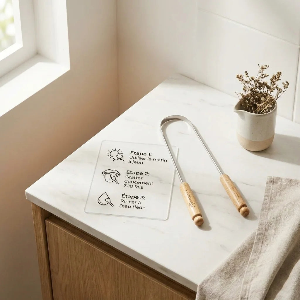 Gratte-langue réutilisable Ayurvana bois inox avec guide d'utilisation étapes en français