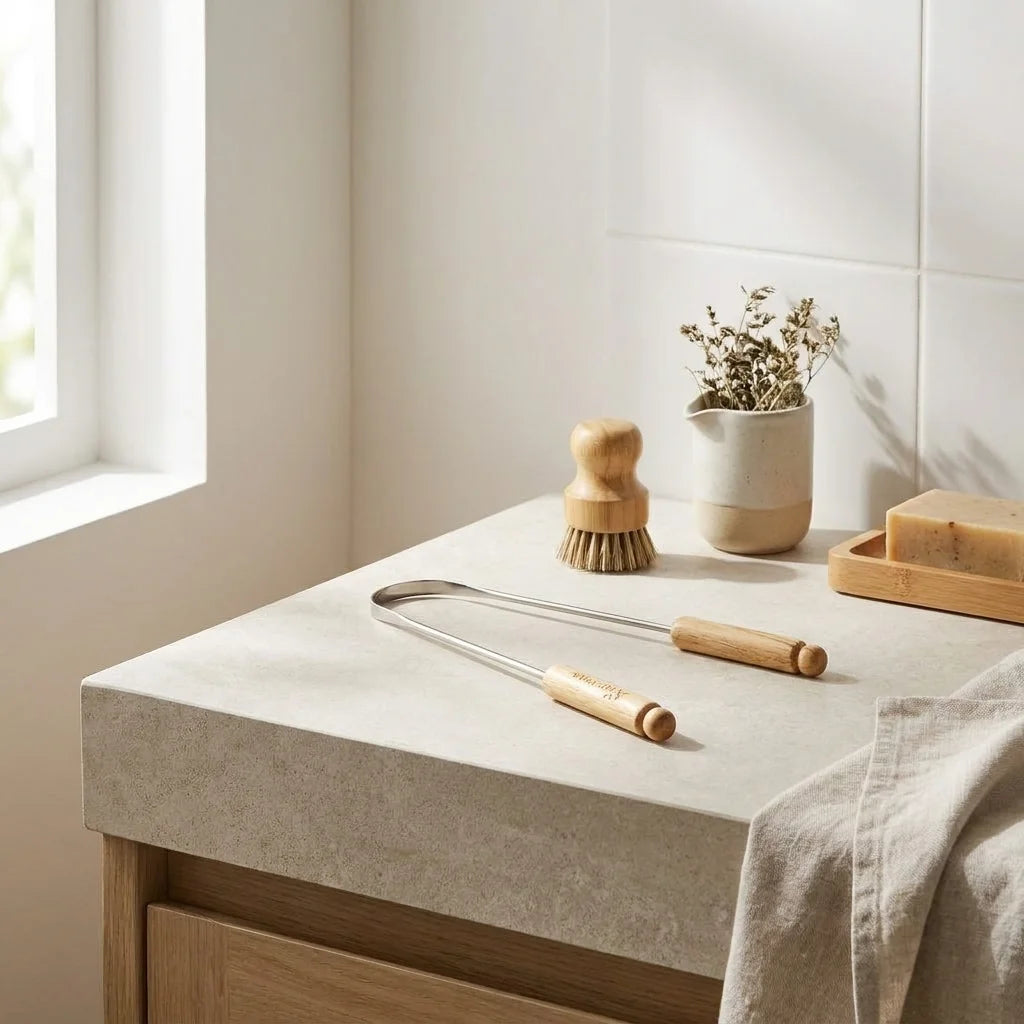 Gratte-langue réutilisable Ayurvana en bois et inox sur comptoir salle de bain