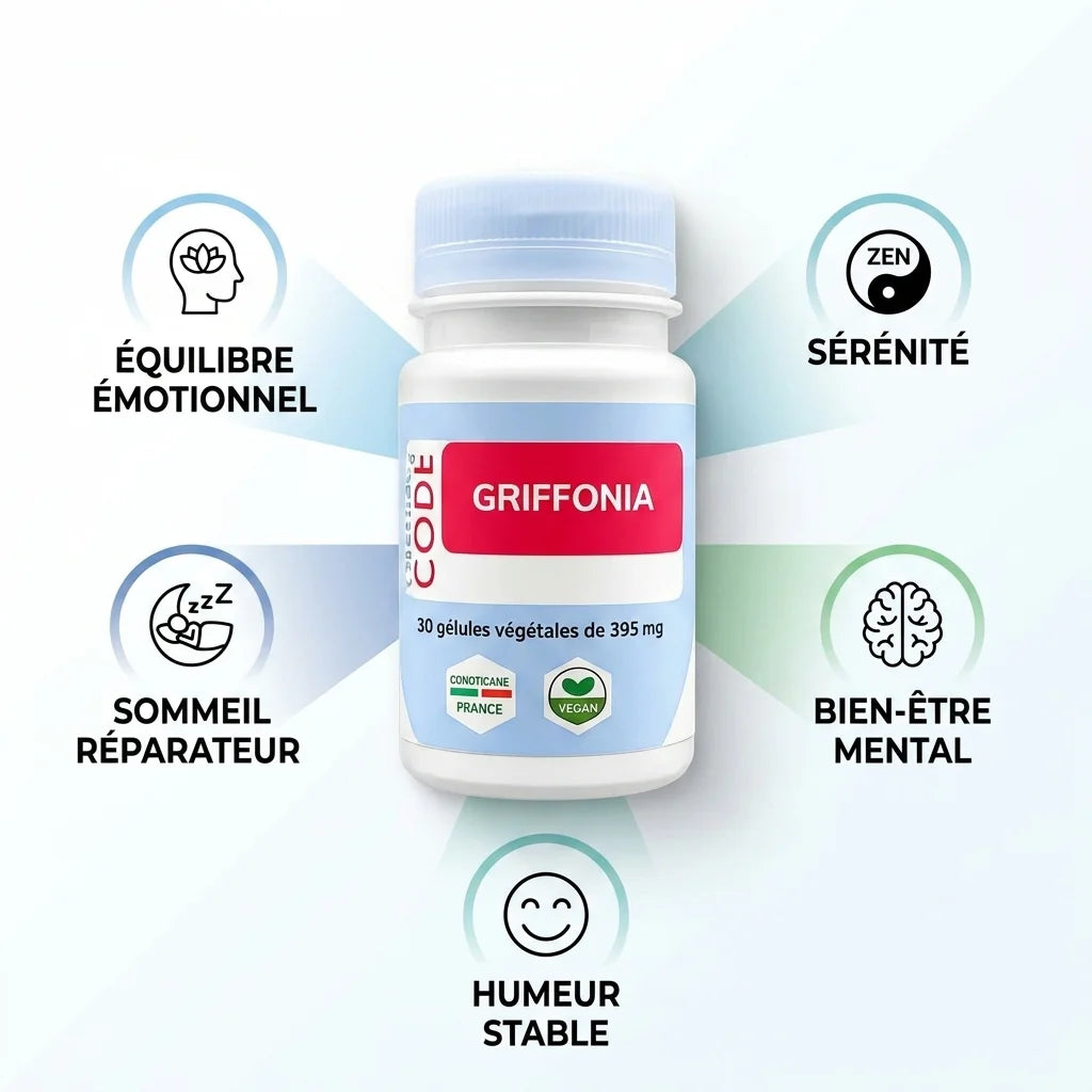Griffonia vegan en gélules avec flacon blanc, bouchon bleu et ses bénéfices: sommeil, sérénité et bien-être mental