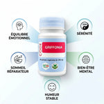 Griffonia vegan en gélules avec flacon blanc, bouchon bleu et ses bénéfices: sommeil, sérénité et bien-être mental