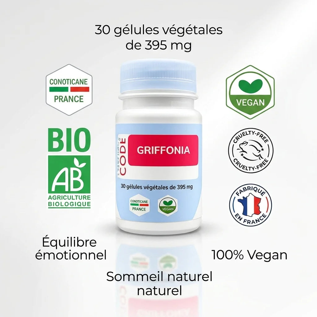 Griffonia vegan en gélules - Flacon blanc certifié bio avec logos vegan et fabrication française