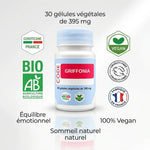 Griffonia vegan en gélules - Flacon blanc certifié bio avec logos vegan et fabrication française