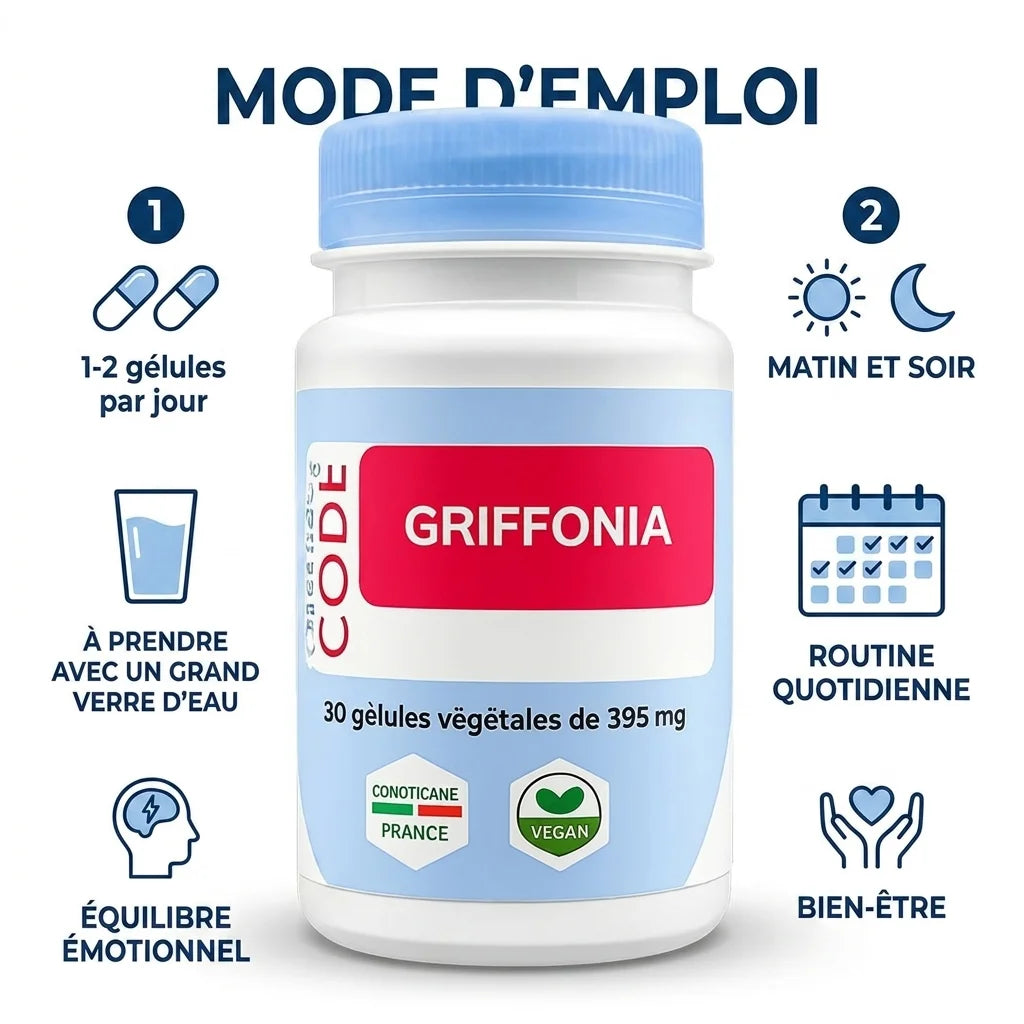Griffonia vegan en gélules avec posologie 1-2 par jour, équilibre émotionnel et sommeil
