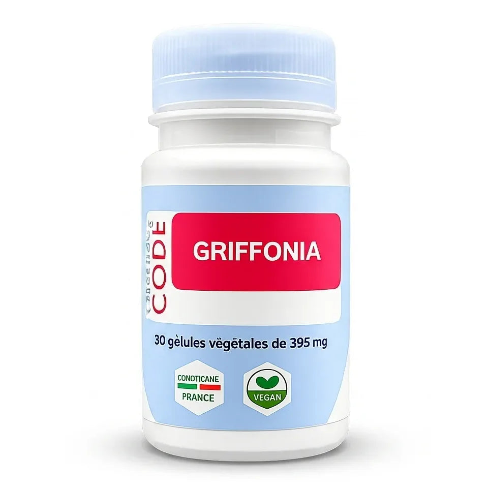Flacon de Griffonia 5-HTP en gélules vegan avec étiquette rouge sur fond blanc