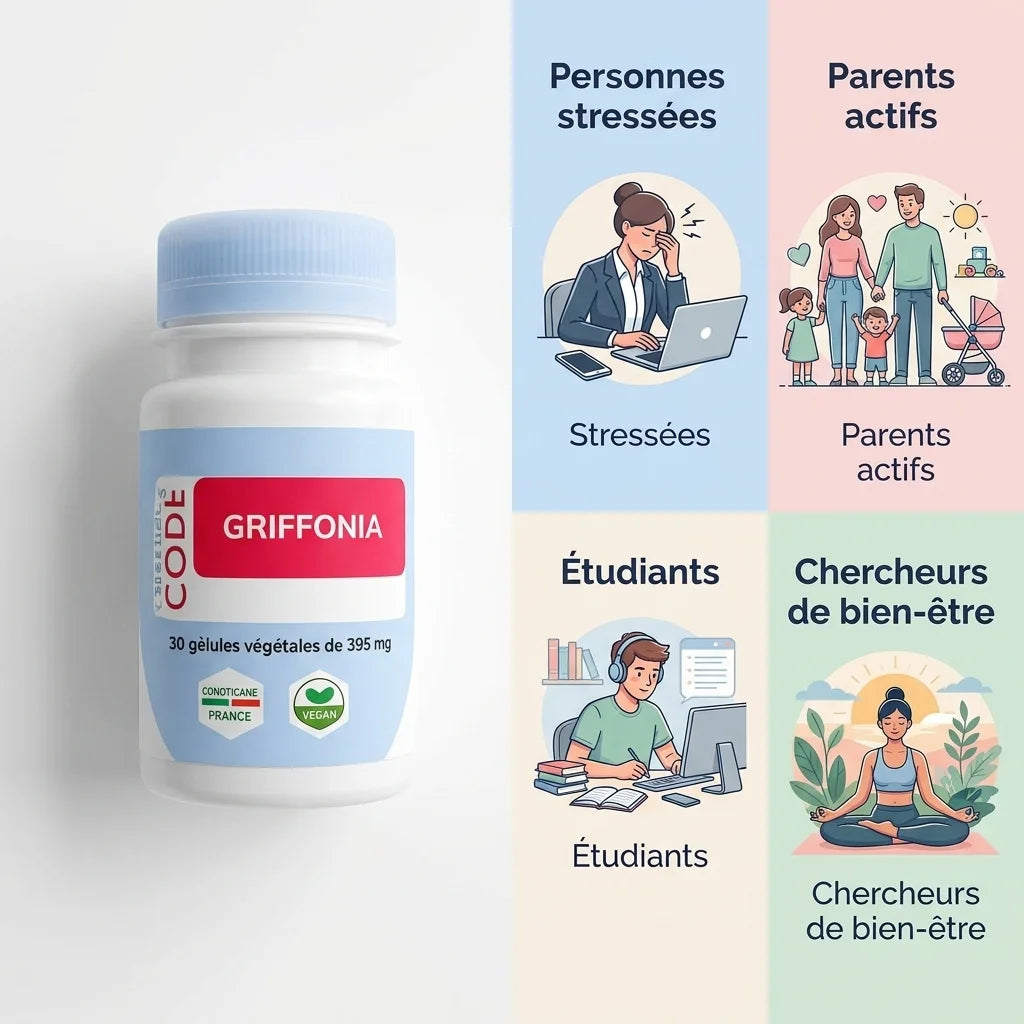 Griffonia vegan en gélules 395mg avec infographie des 4 personas cibles : personnes stressées, parents actifs, étudiants et chercheurs bien-être.