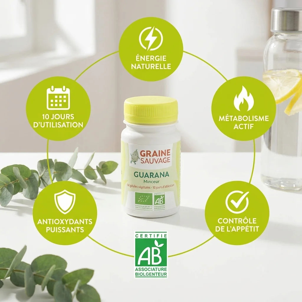 Guarana bio vegan gélules Graine Sauvage avec infographie bénéfices énergie naturelle et certification AB
