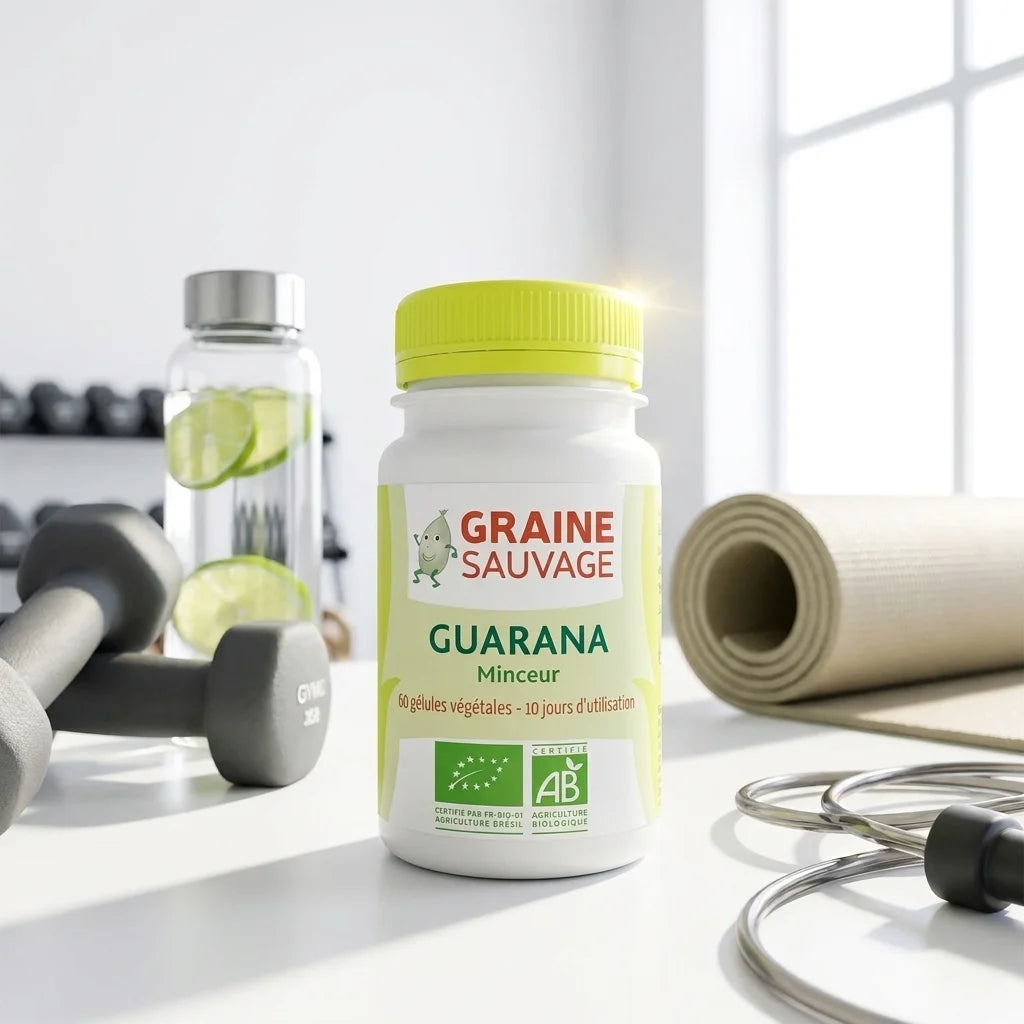 Guarana bio vegan en gélules Graine Sauvage avec équipement de sport et bouteille d'eau