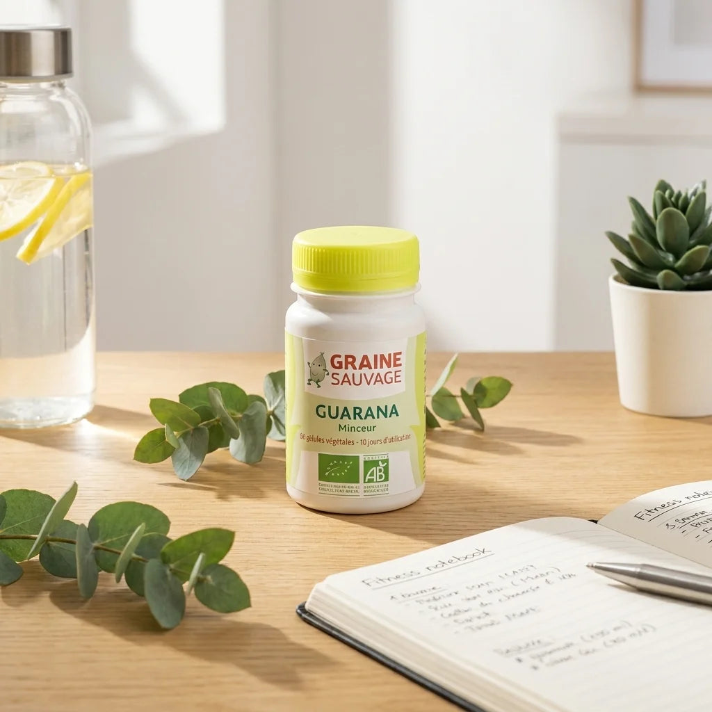 Graine Sauvage Guarana bio en gélules sur un bureau wellness avec accessoires fitness