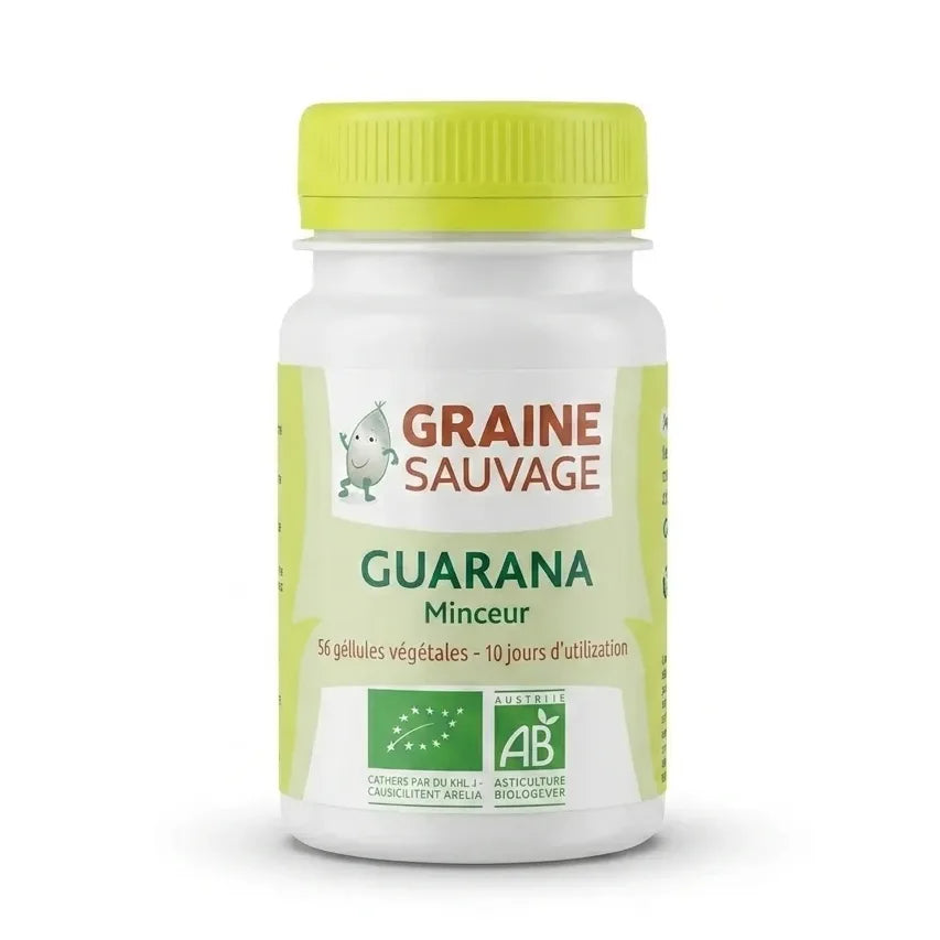 Guarana bio vegan en gélules Graine Sauvage, flacon avec bouchon jaune-vert sur fond blanc