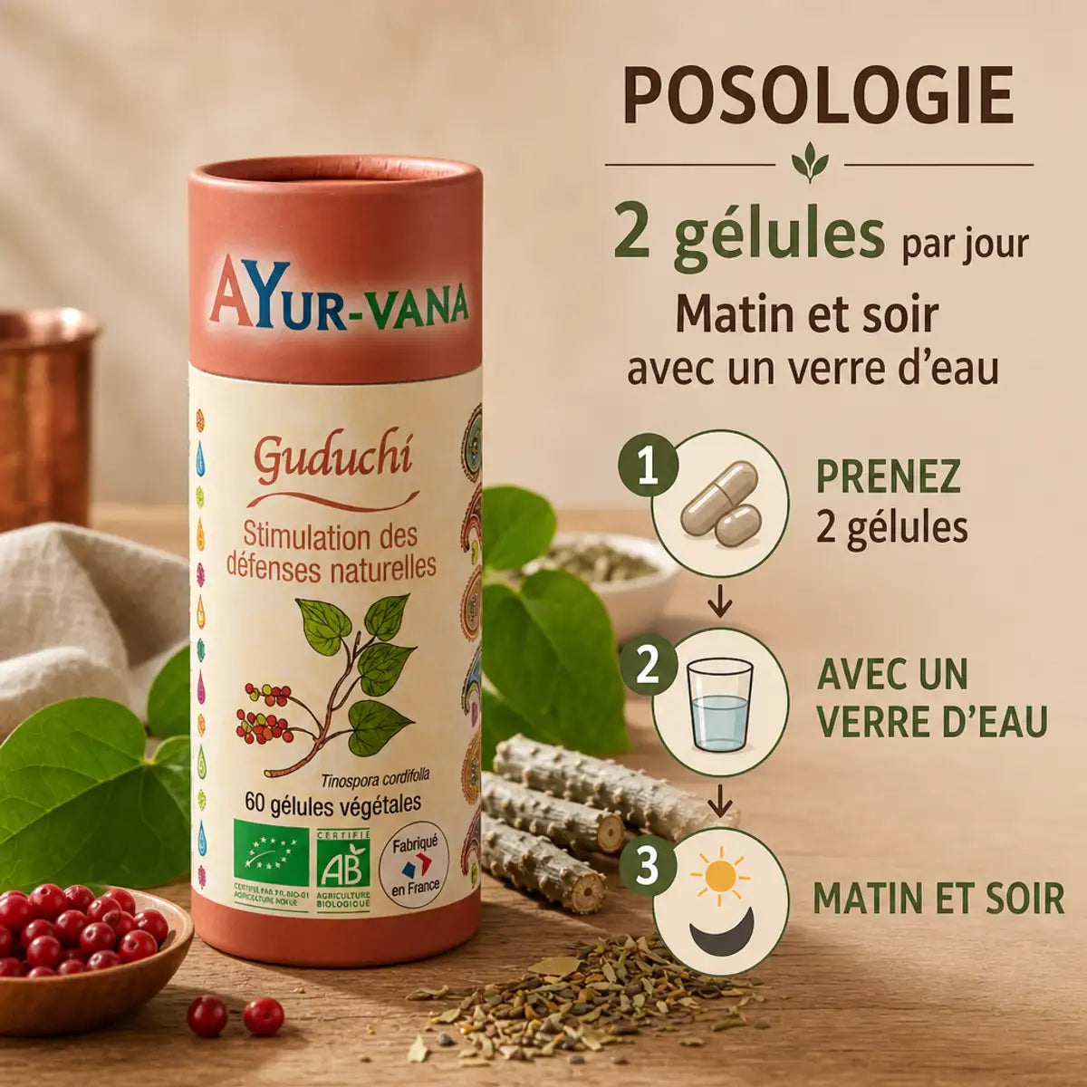 Guduchi Bio gélules Ayur-vana pour immunité et glycémie avec posologie et herbes ayurvédiques