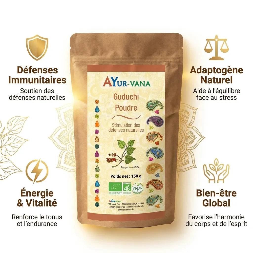 Guduchi bio poudre Ayurvana 150g avec ses 4 bénéfices: immunité, adaptogène, énergie, bien-être