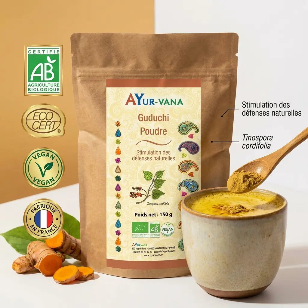 Guduchi poudre bio Ayurvana avec certification AB, Ecocert, vegan et fabriqué France