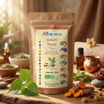 Guduchi bio en poudre Ayurvana sur surface bois avec feuilles vertes et ambiance wellness ayurvédique