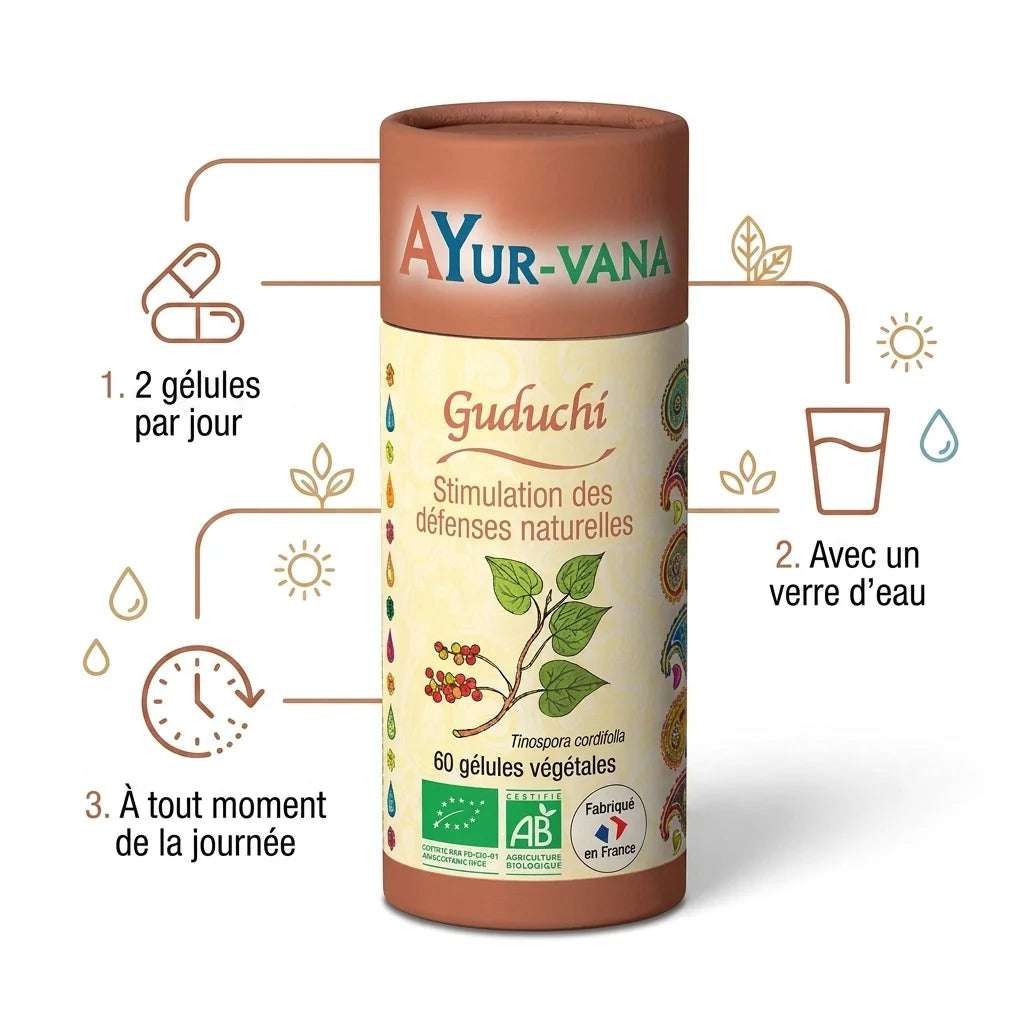 Guduchi Bio Ayurvana en gélules avec dosage: 2 capsules par jour à l'eau