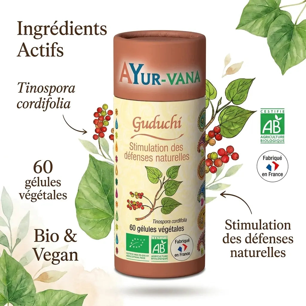 Guduchi Bio Vegan gélules Ayurvana - Tinospora cordifolia suppléments naturels défenses immunitaires