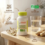 Gélules Guduchi bio vegan Graine Sauvage avec ingrédients naturels et certification AB sur surface bois