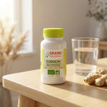 Gélules Guduchi bio vegan Graine Sauvage avec ginger frais et verre d'eau sur bureau wellness