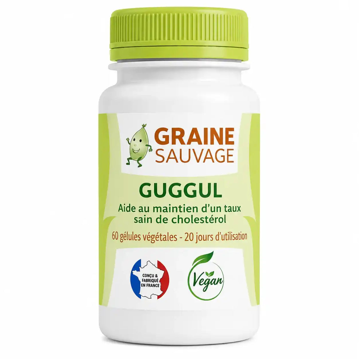 Flacon de gélules Extrait de Guggul vegan Graine Sauvage avec bouchon vert anis