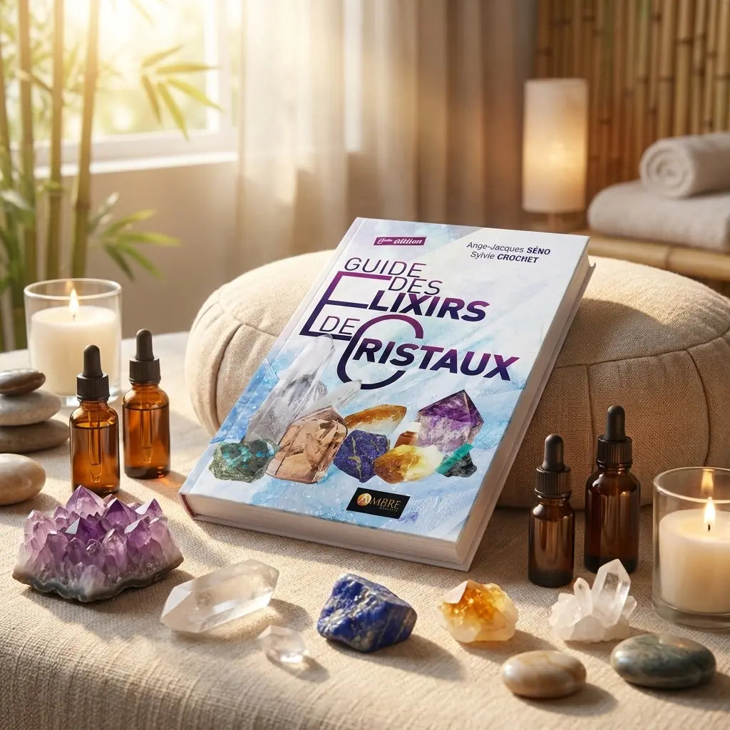 Guide des Élixirs de Cristaux ouvert sur coussin de méditation entouré de cristaux et huiles essentielles