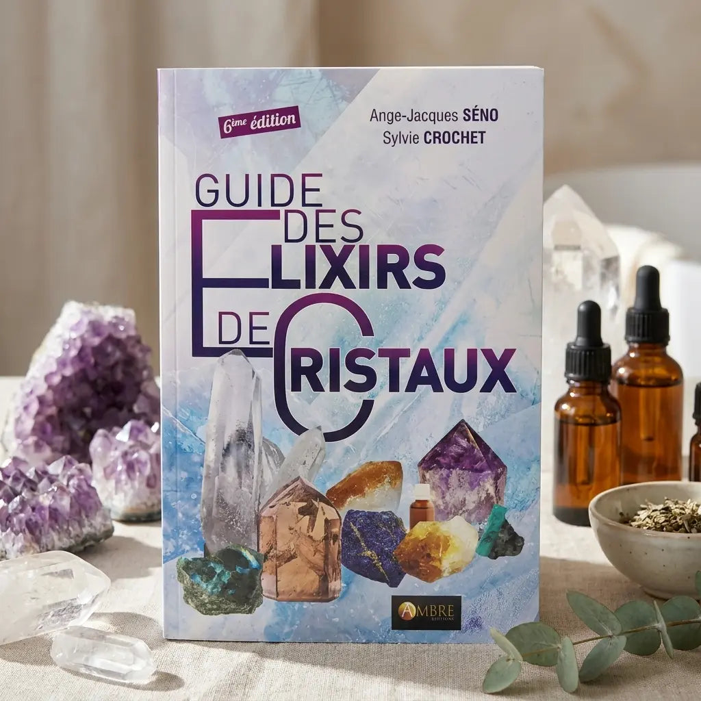 Guide des élixirs de cristaux avec améthyste, quartz et huiles essentielles sur espace bien-être
