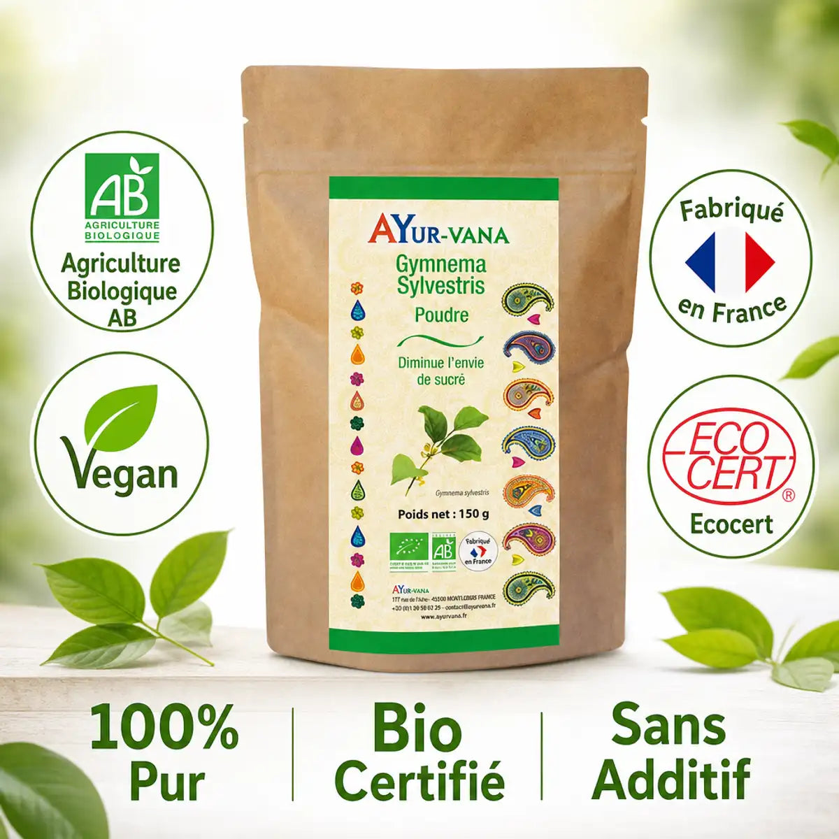Gymnema poudre bio 150g AYur-vana certifiée AB, vegan, fabriqué France