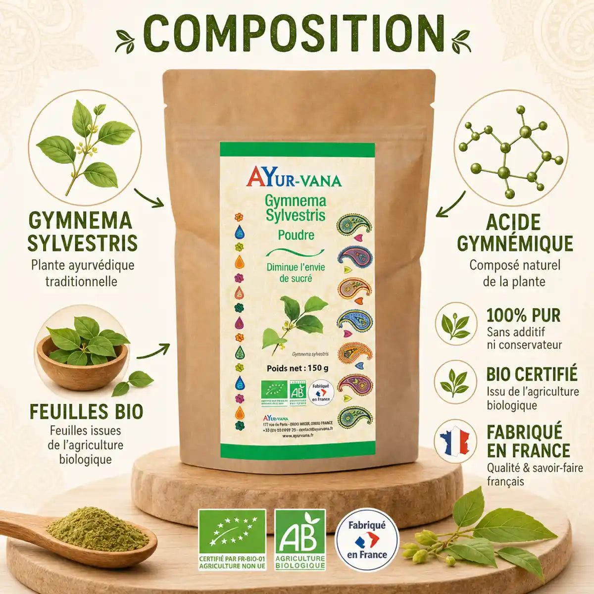 Gymnema bio 150g AYur-vana - poudre pure certifiée avec composition et certifications