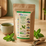 Gymnema en poudre bio 150g AYur-vana avec thé vert et menthe fraîche sur surfaces naturelles