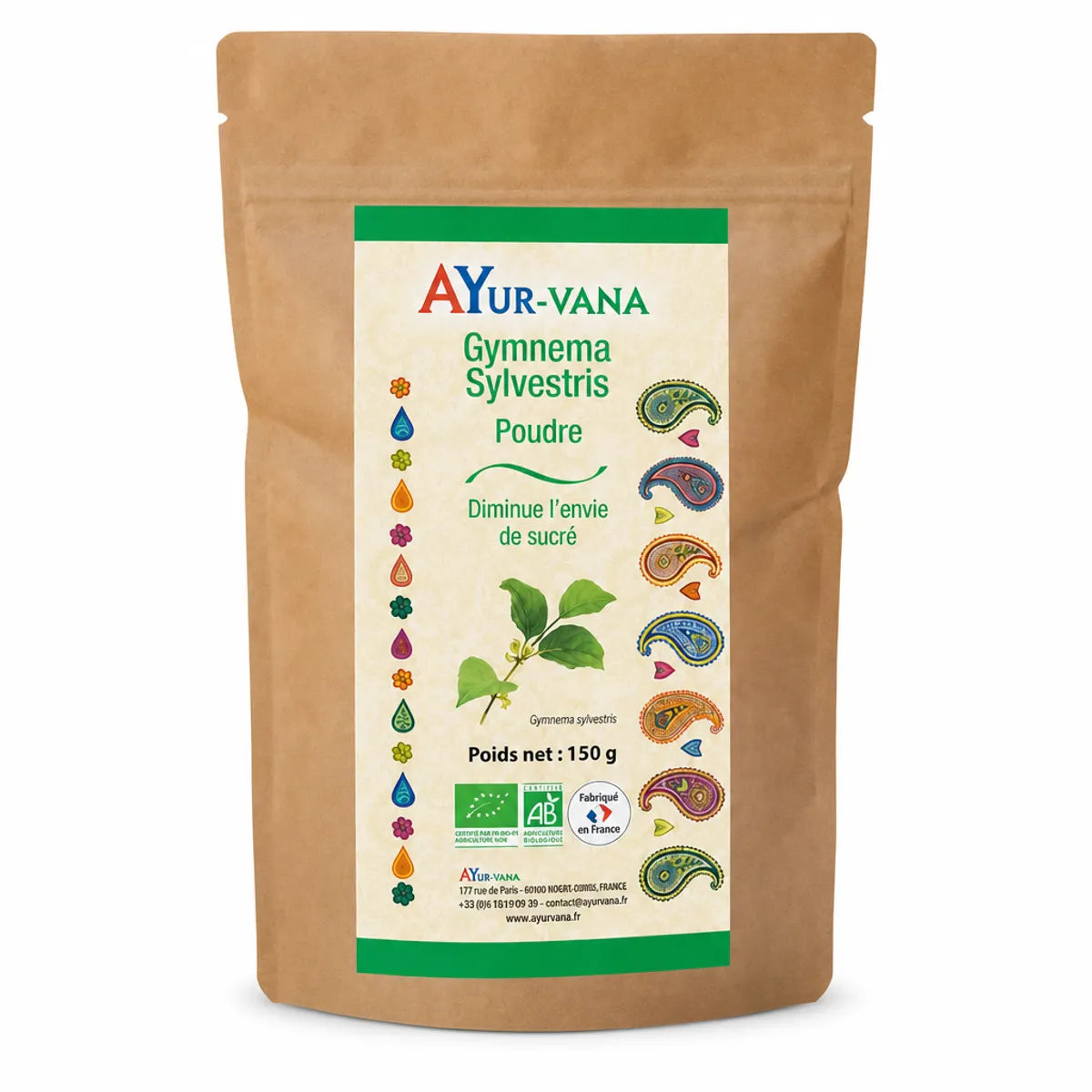 Gymnema en poudre bio 150g AYur-vana sachet kraft sur fond blanc