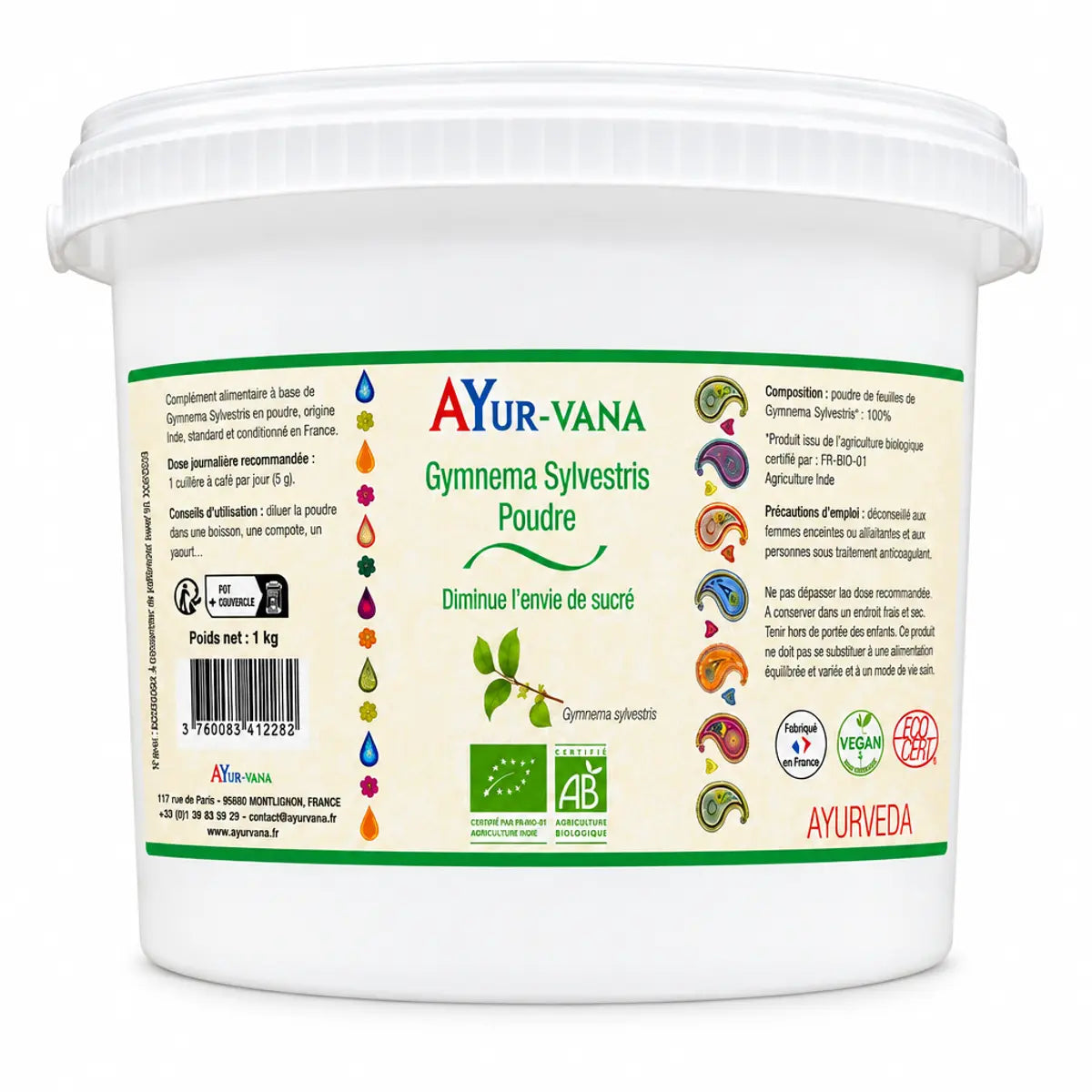 Poudre bio Gymnema Sylvestre Ayur-vana en pot blanc avec étiquette verte, fond blanc
