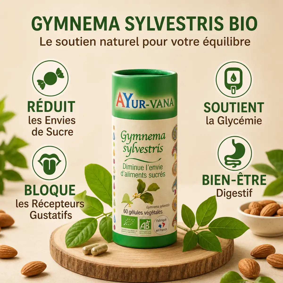 Gymnema Sylvestris bio Ayur-Vana gélules - infographie bénéfices sucre et glycémie