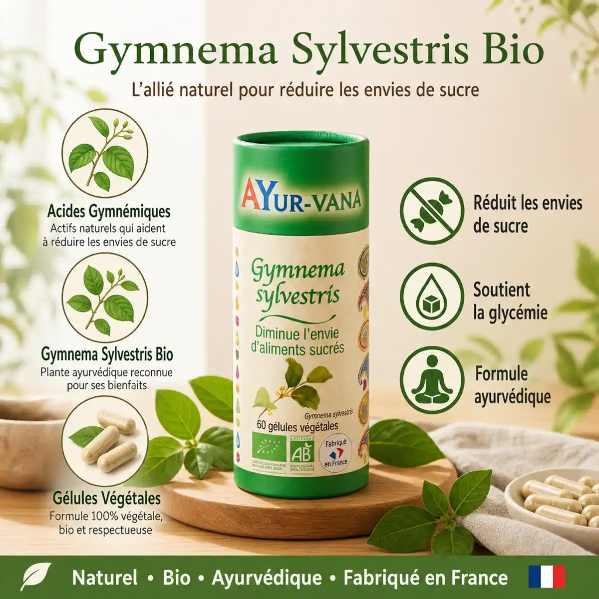 Gymnema Sylvestris bio Ayur-Vana en gélules végétales avec acides gymnémiques pour réduire les envies de sucre