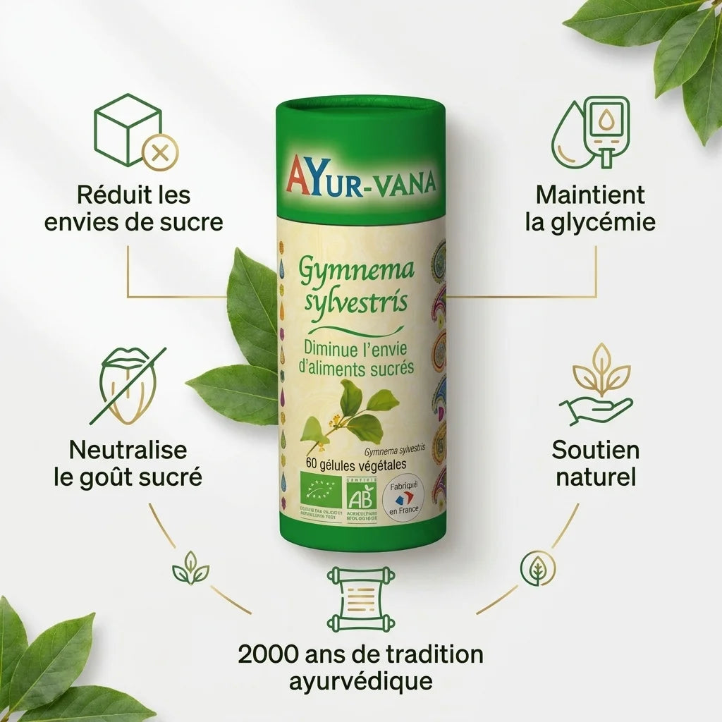 Gymnema Sylvestris bio Ayurvana en gélules avec bénéfices santé et symboles ayurvédiques