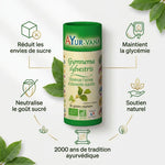 Gymnema Sylvestris bio Ayurvana en gélules avec bénéfices santé et symboles ayurvédiques