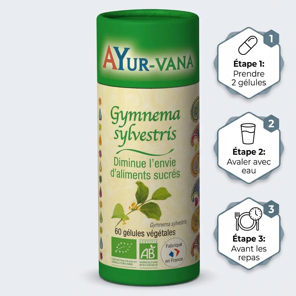 Gymnema Sylvestris bio gélules Ayurvana avec guide posologie 2 gélules avant repas