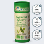 Gymnema Sylvestris bio gélules Ayurvana avec guide posologie 2 gélules avant repas