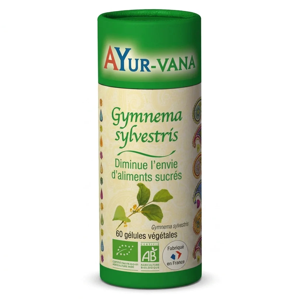 Gymnema Sylvestris bio en gélules Ayurvana - flacon vert certifié AB sur fond blanc