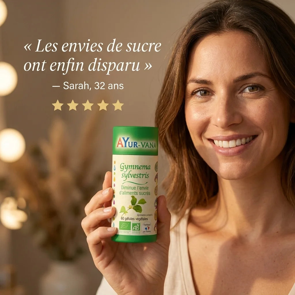 Femme souriante tenant flacon Gymnema Sylvestris bio Ayurvana avec avis client 5 étoiles
