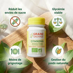 Gélules Gymnema Sylvestris bio vegan avec bénéfices: réduit sucre, glycémie stable, poids naturel