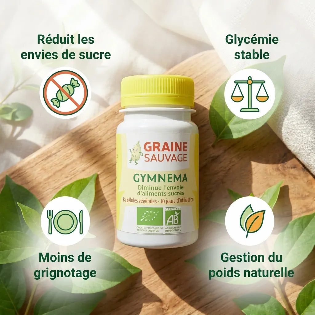 Gélules Gymnema Sylvestris bio vegan avec bénéfices: réduit sucre, glycémie stable, poids naturel