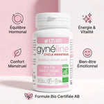 Gyneline Cycle Menstruel Bio gélules avec infographie des 5 bénéfices bien-être hormonal et formule certifiée AB