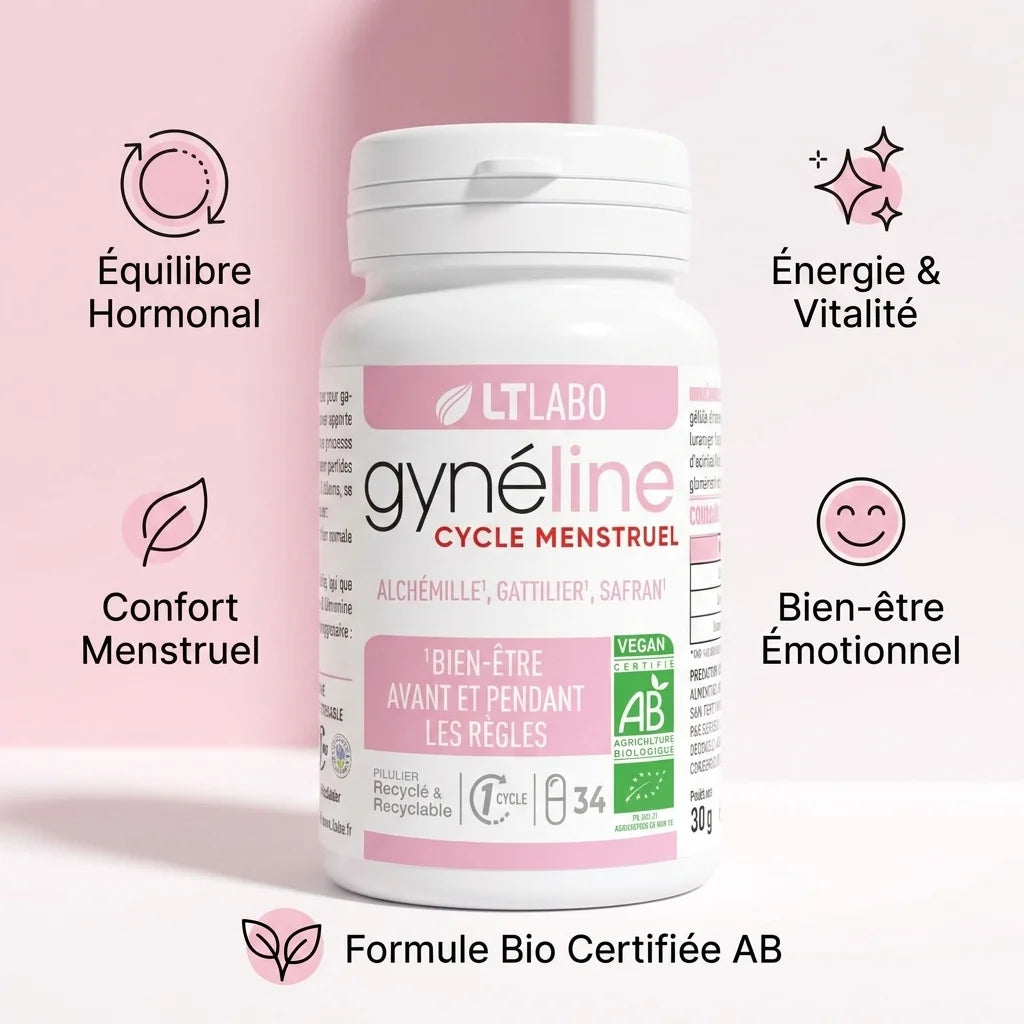 Gyneline Cycle Menstruel Bio gélules avec infographie des 5 bénéfices bien-être hormonal et formule certifiée AB