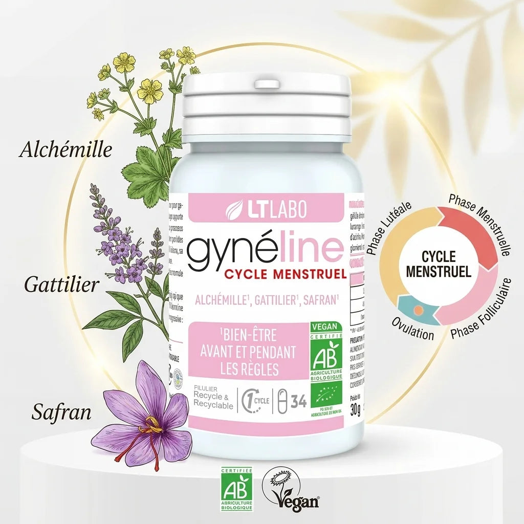 Gyneline Cycle Menstruel Bio gélules avec ingrédients botaniques et phases du cycle menstruel