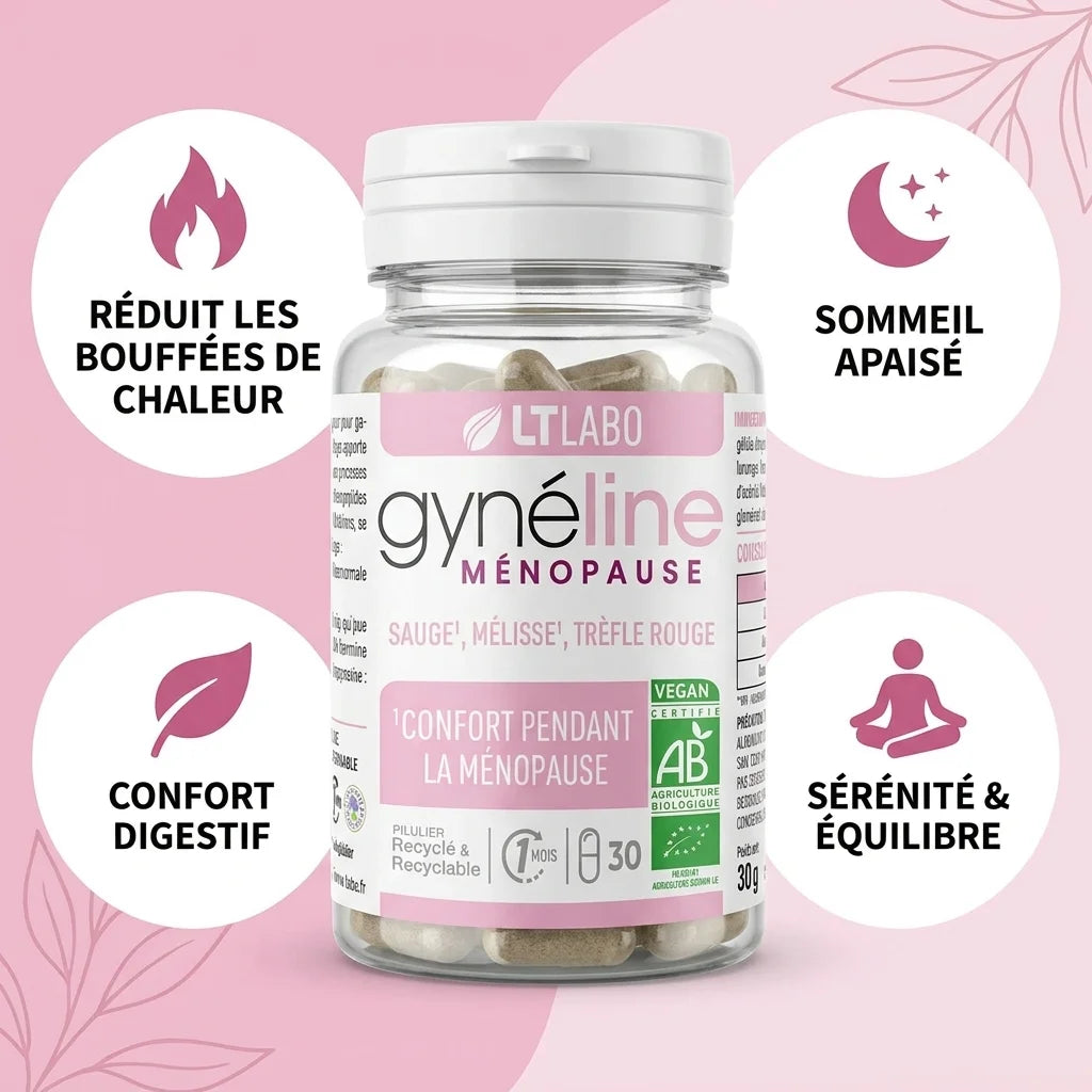 Gyneline Ménopause bio gélules avec bénéfices : bouffées chaleur, sommeil, digestion, sérénité