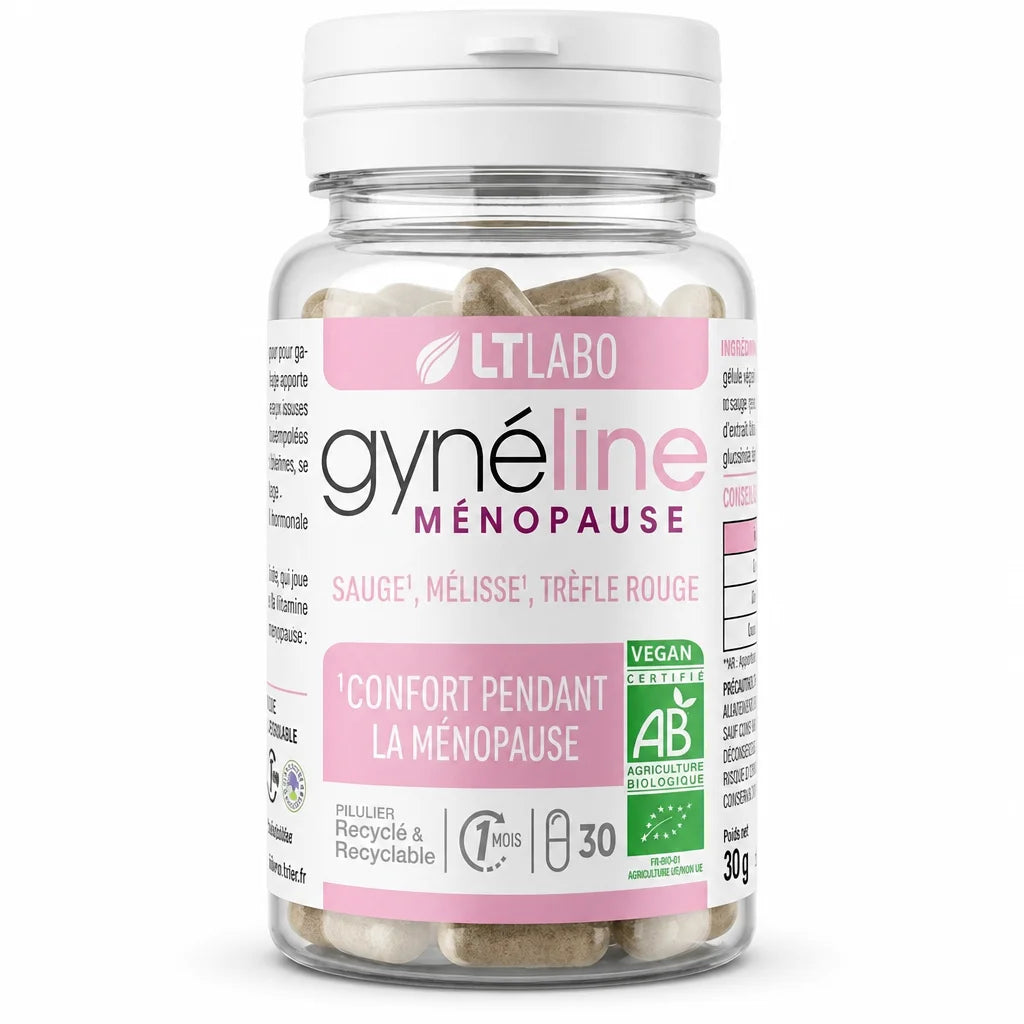 Gyneline Ménopause bio gélules LT Labo supplément naturel ménopause flacon rose blanc