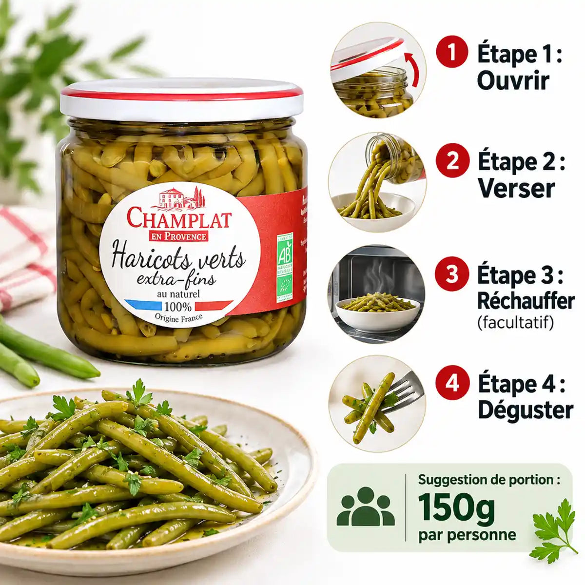 Haricots verts bio extra-fins en bocal avec guide de préparation en 4 étapes illustrées