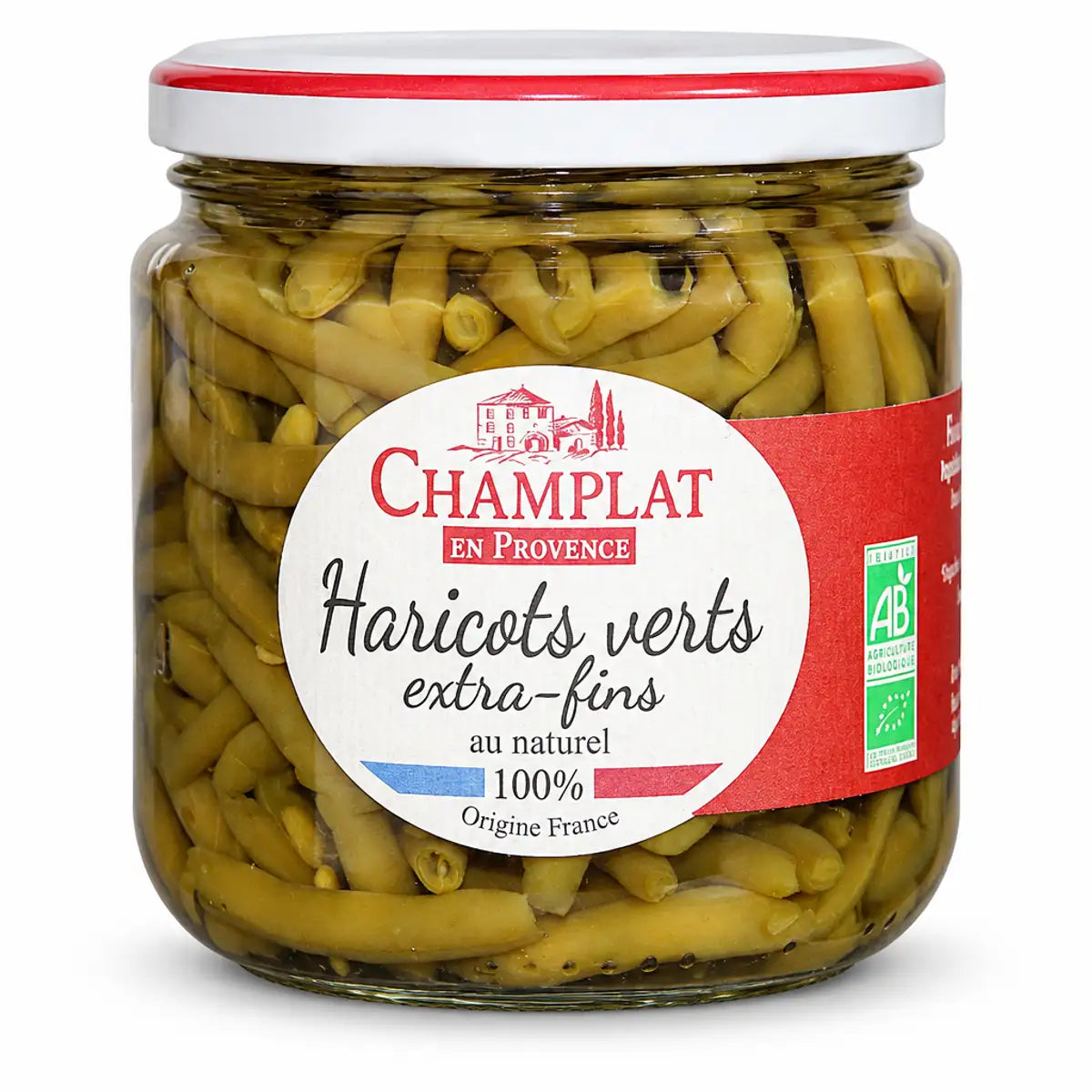 Haricots verts extra-fins bio en bocal verre avec étiquette rouge sur fond blanc