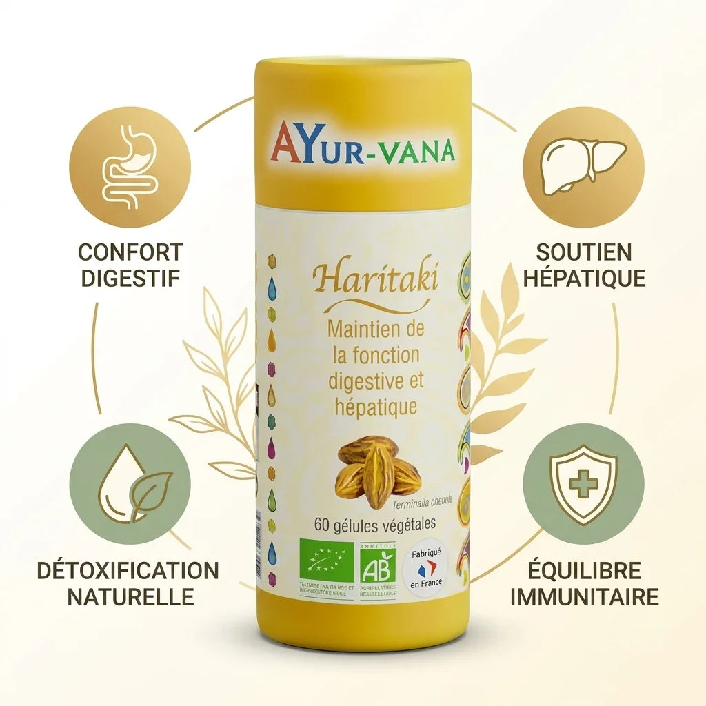 Haritaki bio gélules Ayurvana avec bénéfices digestifs, hépatiques et immunitaires