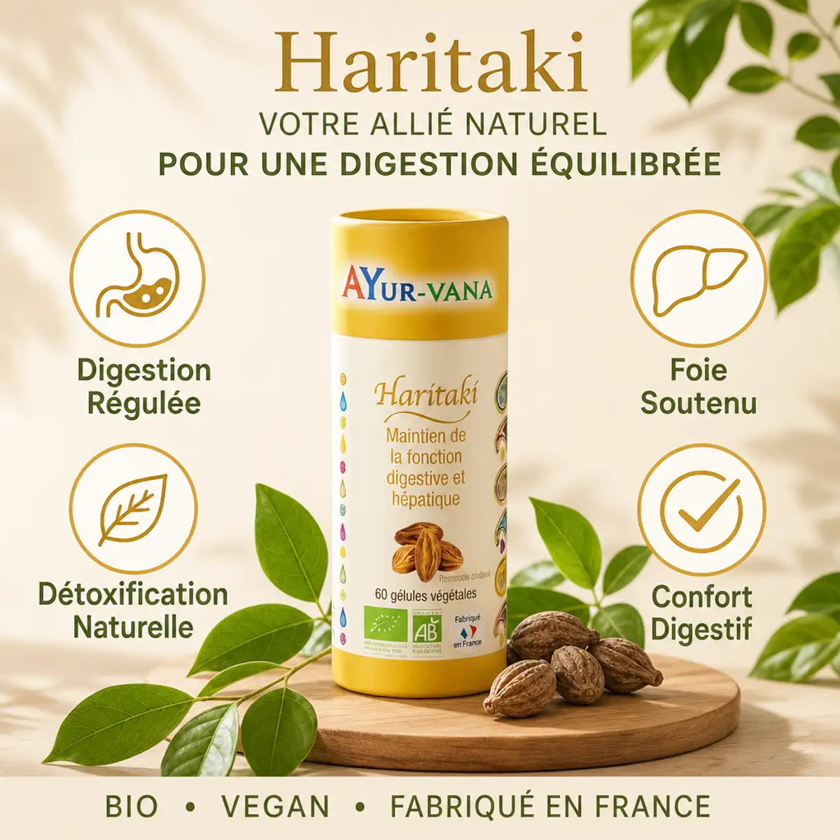 Haritaki bio vegan Ayurvana en gélules avec icônes de digestion, foie et détoxification naturelle